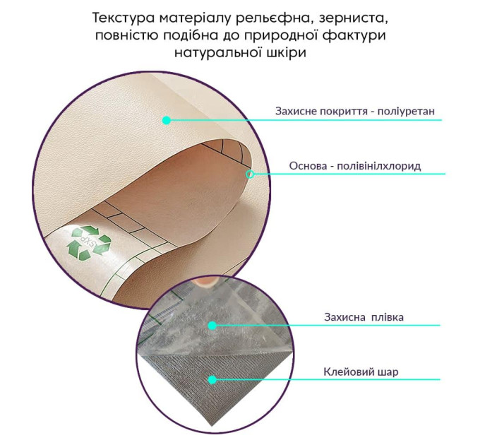 Самоклеющая экокожа в рулоне 3м, кожзам самоклейка, Бежевая