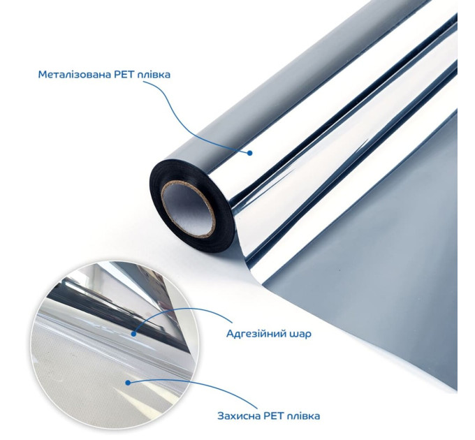 Зеркальная солнцезащитная плёнка для окон Серебро 600х10000х0,08мм SW-00002719