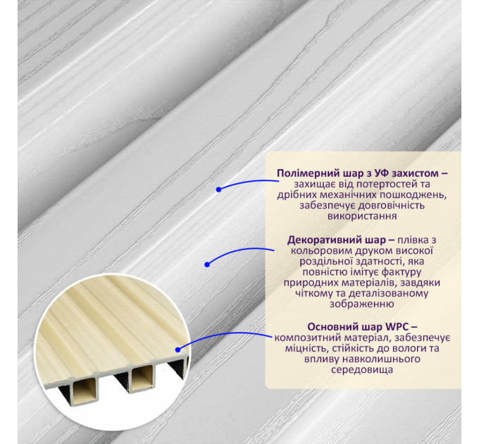 Декоративні рейки на стіну, рейкові панелі 290х20х2,7см, Біле дерево (SW-00003005)