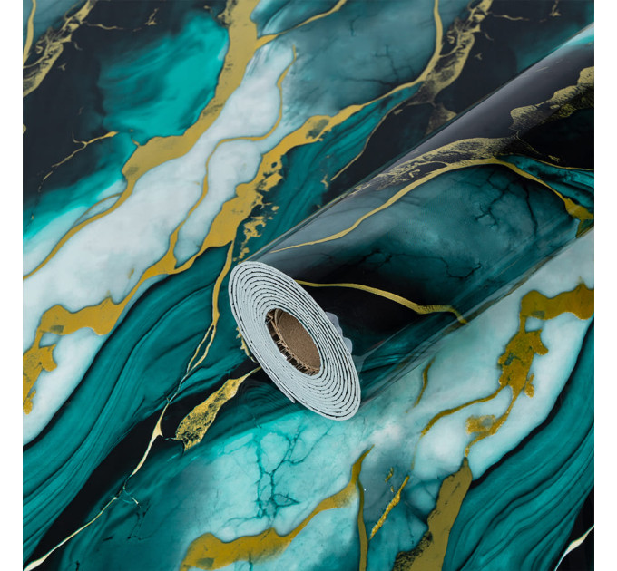 Самоклеюча PET плитка для стін в рулоне 3м, Чорна з бірюзово-золотими розводами (SW-00002425)