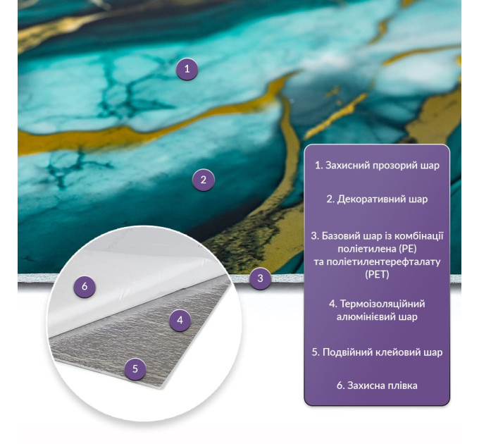 Самоклеюча PET плитка для стін в рулоне 3м, Чорна з бірюзово-золотими розводами (SW-00002425)