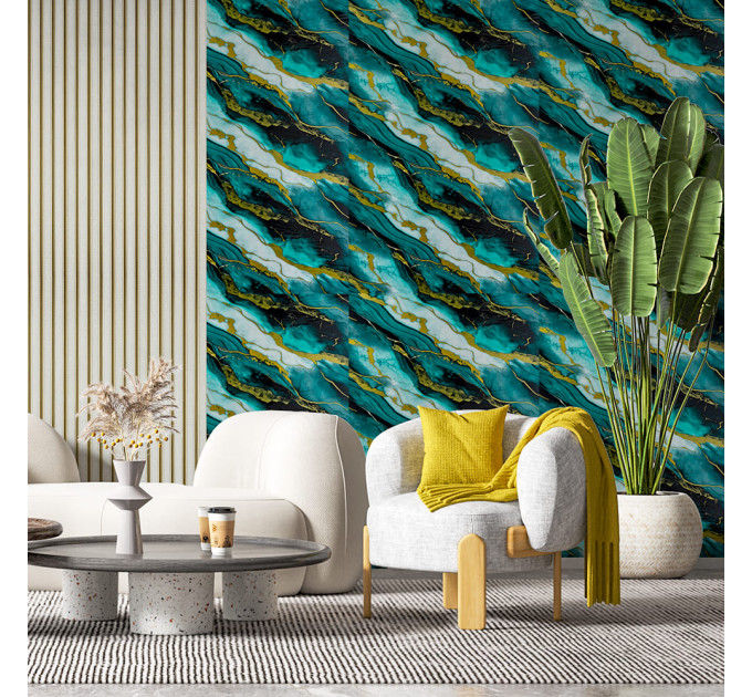 Самоклеюча PET плитка для стін в рулоне 3м, Чорна з бірюзово-золотими розводами (SW-00002425)