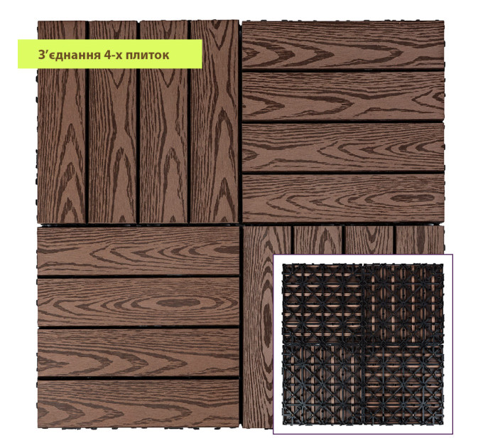 Композитна плитка ДПК 30х30х2.3см, декінг, садовий паркет, Темний дуб (SW-00001707)
